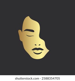 Abstract minimalist golden silhouette of a female face. Beautiful woman face with closed eyes silhouette. Vector illustration