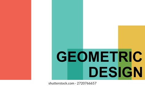 Ein abstraktes und minimalistisches Grafikdesign verfügt über einen stark weißen Hintergrund, der mit drei verschiedenen vertikalen Rechtecken geschmückt ist. In der Mitte befindet sich ein größeres Teal-Rechteck. Auf der rechten Seite vervollständigt ein kürzeres senfgelbes Rechteck das Arrangement. Über dem unteren Abschnitt des mittleren Teal-Rechtecks und leicht über das gelbe erstreckt sich ein halbtransparentes horizontales Rechteck, auch in einem Teal-Schatten. Diese Überlappung erzeugt einen dunkleren, intensiveren Teal-Ton. In diesem überlappenden Bereich wird fett, schwarz und in Großbuchstaben 'GEOMETRIC DESIGN' dargestellt, wobei das Thema des Kunstwerks hervorgehoben wird. Die Komposition hebt Prinzipien moderner geometrischer Kunst und Typografie hervor.