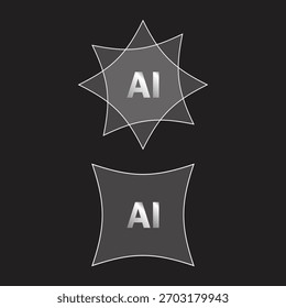 An abstract, minimalist graphic features two distinct shapes a star-like figure and a curved square; each prominently displaying silver 'AI' lettering, set against a solid black background.