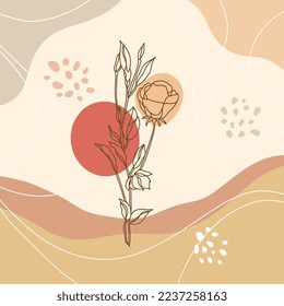 Abstrakte, minimalistische, handgezeichnete Illustrationen mit hellbraunem Hintergrund, bedruckbarem, modernem boho Muster, floraler Vektordesign für Tapeten, Decken, Stoffe, Innendekoration einzeln und bearbeitbar