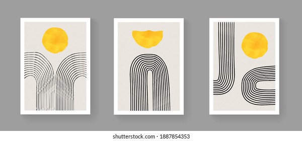 Abstract minimalist hand painted composition set. Mid century modern artwork with watercolor shapes. Simple geometric illustration for Posters, Postcards, Brochures, Wall Art, Banners.