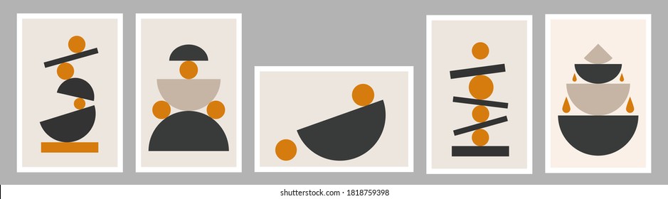 Abstract minimalist hand-drawn illustration. Shapes standing in stack and balancing. Minimalist poster with watercolor texture. Semicircle, circle shapes. Vertical poster with abstract shapes