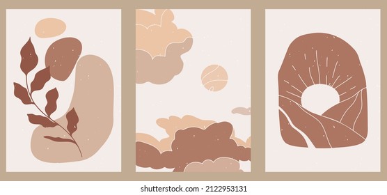 Abstract minimalist hand-drawn illustration for stories, wall decoration, postcard or brochure, cover design. Doodle background contains various shapes, sun, clouds. Modern trendy Boho vector art.