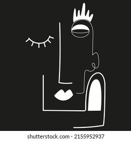 Abstract minimalist human face. Vector illustration. Black and white. Black background. One line drawing.