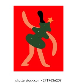 Abstract Minimalist Illustration of a Dancing Human Figure Wearing a Christmas Tree Costume with a Golden Star on a Bright Red Background.