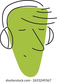 An abstract and minimalist illustration of a lime green head wearing black outlined headphones and displaying a serene or relaxed expression with closed eyes and a subtle smile.