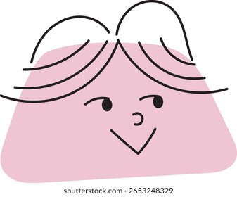 An abstract and minimalist illustration of a soft pink head with simple black outlined wavy hair and a cheerful, smiling expression