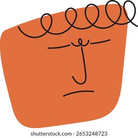 An abstract and minimalist illustration of a terracotta-colored head with black outlined curly hair on top and a pensive or neutral expression