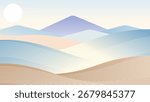 Abstract minimalist landscape featuring rolling hills in soft pastel colors under a gentle sun, evoking a serene and tranquil atmosphere.