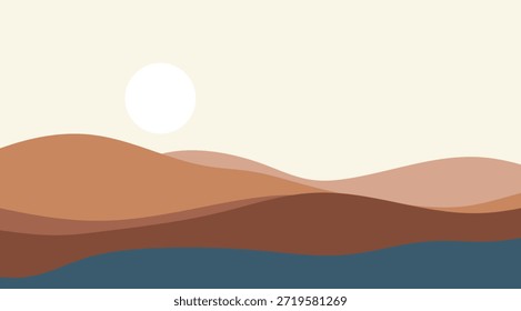 Uma paisagem minimalista abstrata com dunas rolantes ocre e marrom sob um céu pálido com um sol branco brilhante e um chão azul escuro, perfeito para cenários serenos e naturais