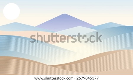 Abstract minimalist landscape featuring rolling hills in soft pastel colors under a gentle sun, evoking a serene and tranquil atmosphere.