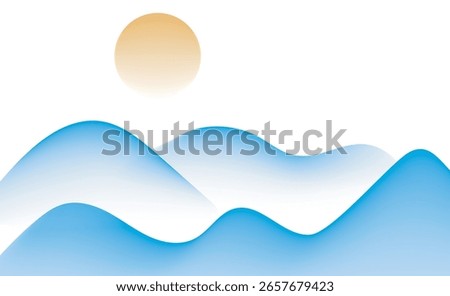 Abstract minimalist landscape featuring soft blue gradient hills and a warm yellow sun on a pale background. Peaceful and modern nature illustration perfect for design or decor.
