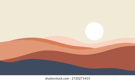 Paisaje minimalista Abstractas con dunas onduladas en tonos cálidos como terracota, rubor y crema, en contraste con un profundo primer plano azul marino y un gráfico de sol blanco brillante, creando un