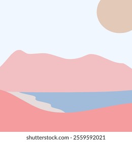 Abstract minimalist landscape illustration design. Beautiful beach landscape illustration in pastel color. Boho aesthetic landscape background vector