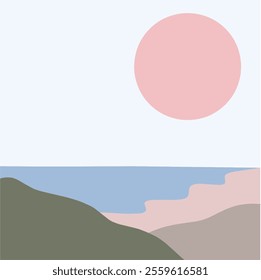 Abstract minimalist landscape illustration design. Beautiful mountain beach landscape illustration in pastel color. Boho aesthetic landscape background vector