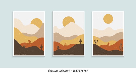 Abstract minimalist landscape poster, Mountains and cactus minimalist wall decor