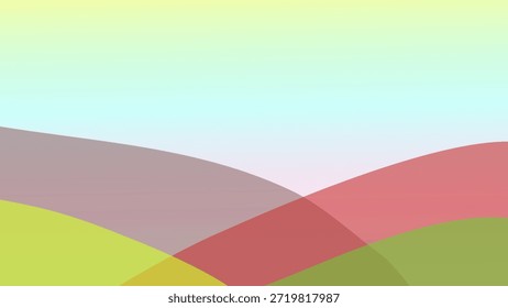 Ilustração abstrata e minimalista do vetor da paisagem com sobreposição de formas translúcidas em uma paleta de cores pastel macia. Fundo de design gráfico moderno.