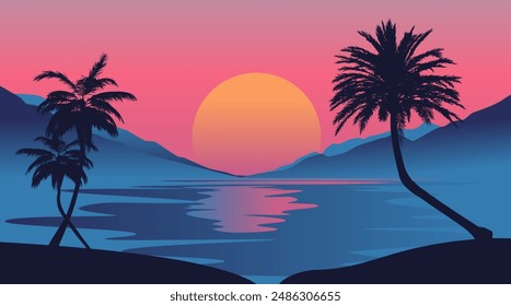 Abstract minimalist landscape with a view of a sunset with palm trees and a body of water, lake or sea. 