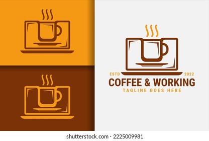 Abstract Minimalist Laptop and Coffee Cup Logo Concept. Modern Vector Logo Illustration.