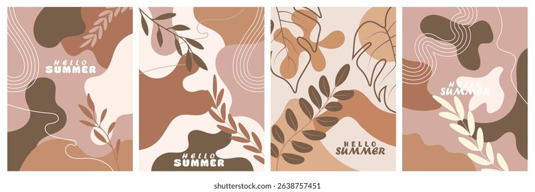 Abstract and minimalist leaf design cards featuring plants and bright shapes for posters, labels, covers, branding, ads