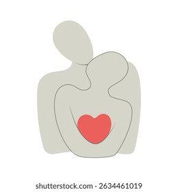Abstract minimalist line art of hugging couple silhouette with heart. Symbol of love, care, motherhood and family in modern soft colors.