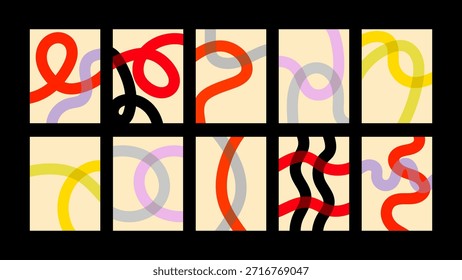 Abstractas carteles de líneas minimalistas con líneas rítmicas. Fondos limpios para la marca, impresiones y arte de la pared.