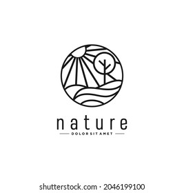 Abstract minimalist Line Sun and Tree Nature Logo landscape. sunset tree logo vector illustration design line art simple badge landscape lake forest