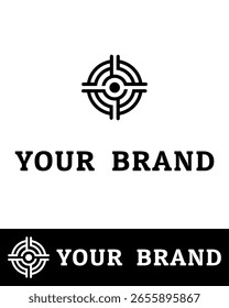 abstract and Minimalist logo design featuring a stylized circular target symbol with bold lines in black and white