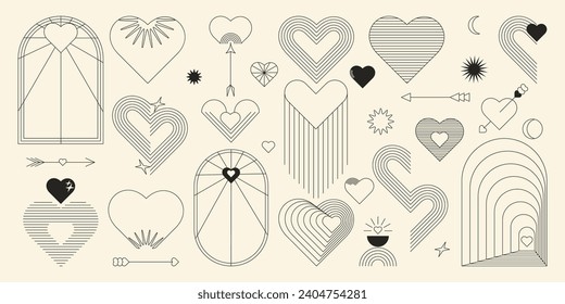 Abstract minimalist love symbols in line art style. Valentine's Day outline graphic elements set. Bohemian hearts, arrows, frames design. Vector illustration isolated on white background