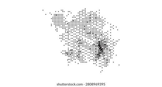 An abstract, minimalist map composed of numerous small dots, with a denser concentration of dots in a specific central region, creating a visual representation of data distribution or geographical features.