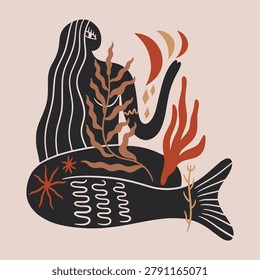 Abstract minimalist mermaid goddess vector, sacred feminine ocean spirit illustration, divine siren silhouette, modern boho art for beauty and wellness branding clipart