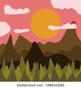 Abstract minimalist mountain and forest landscape at sunset. Contemporary summer print for cards, t-shirt design, wall decor etc. Vector hand drawn illustration