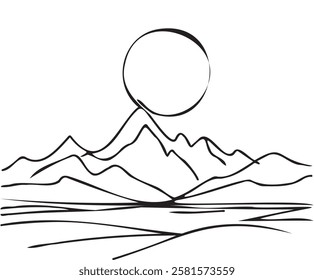 Abstract Minimalist Mountain Range and Sun: A Black Ink Line Drawing of Serene Landscape