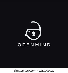 abstract minimalist open padlock human brain logo icon vector template on black background