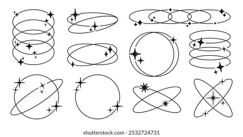 Abstract minimalist oval frames. Outline y2k shapes with stars and sparkles, geometric retro frames flat vector illustration set. Modern Y2K aesthetic figures