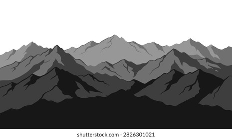 Abstract, minimalist panorama of a mountain range in shades of grey and black, with a white sky.