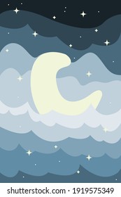 Abstract Minimalist pattern night sky in boho style. A moon in the starry sky in the clouds. Vector cartoon flat illustration for design  card, t shirt print, simple wall decor, nursery decoration etc