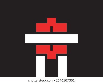Abstract Minimalist Pixelated Figure Blocked Silhouette Icon on Black Background