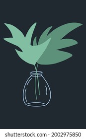 Abstract minimalist plant leaves in glass vase in cartoon style. Simple flat  vector illustration on dark background. Modern design for wall decoration, t shirt print, flower shop advertising broshure