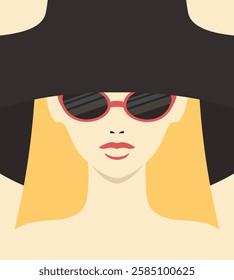 Abstract minimalist portrait of a female wearing hat and sunglasses. Hat, haircut, lips, nose and glasses. Woman in hat and glasses icon. Vector illustration