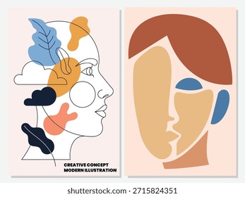 Conjunto de retratos minimalistas Abstractas con arte lineal y caras humanas de bloques de color inspirados en Matisse.