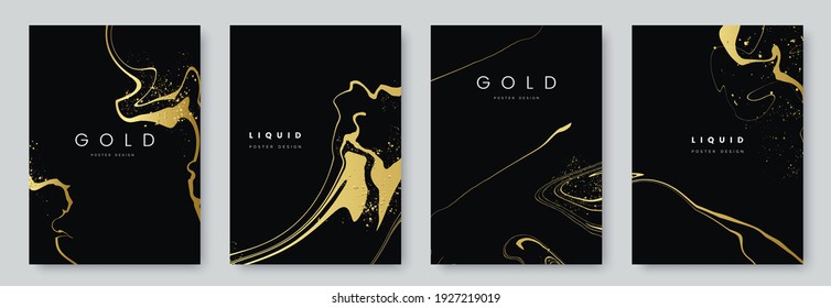 Abstract minimalist poster collection with golden smooth thin ink lines on black background. luxury banner design. A4 size. Ideal for flyer, packaging, invitation, cover, business card. Vector eps 10