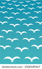 Abstract minimalist poster with flock of birds over sea, vertical nature background with seagulls.