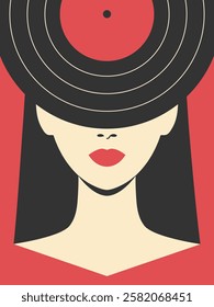 Abstract minimalist poster with woman face in vinyl record hat covering her eyes. Music festival poster template in retro style. Vector illustration