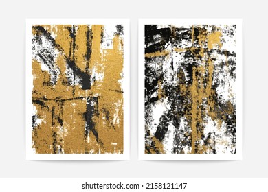 Abstract minimalist posters. Modern geometry chaotic painted prints golden texture, contemporary wall art. Vector set