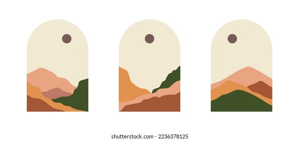 Afiches minimalistas abstractos. Cortesía de la pared de paisaje contemporáneo, afiche, cubierta, estampado de arte boho de montaña. Vector. Impresión artística con montaña y luna abstractas