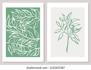 Abstract minimalist posters set with branches. Botanical wall modern art print. Neutral boho decor. Contemporary aesthetic backgrounds. Mid century style.