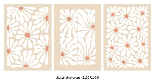 Abstract Minimalist Posters Set with Daisy Flower. Aesthetic Modern Art Illustration. Vector Retro Groovy Pattern. Retro Floral Posters