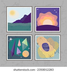 Resumen de afiches minimalistas. Sol, piedras, mar, montañas, formas naturales orgánicas. Para decoración de paredes, huellas, medios sociales. Ilustración vectorial.