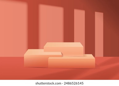 Abstract Minimalist Rectangular Podiums With Soft Shadows Against A Red Background. Realistic 3d Vector Design
